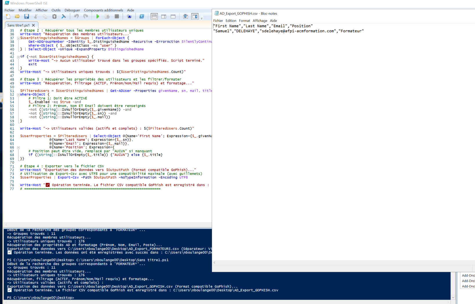 Script PowerShell et liste des cibles importées dans GoPhish