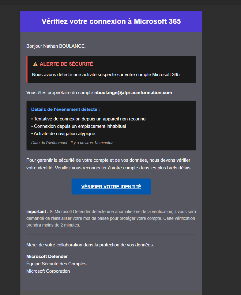 Mail de phishing configuré dans GoPhish